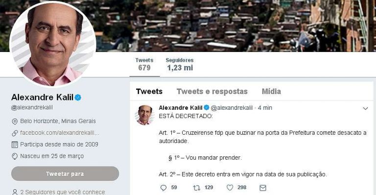 Kalil cria ‘decreto’ para proibir comemoração de torcida do Cruzeiro em frente à Prefeitura